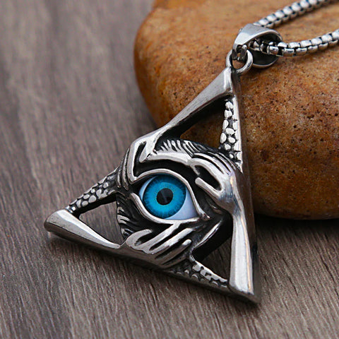 Stainless steel evil eye pendant with a blue eye — evil eye protection jewelry