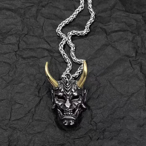 Samurai oni devil mask pendant in dark steel with gold horns — Japanese motif hip-hop jewelry