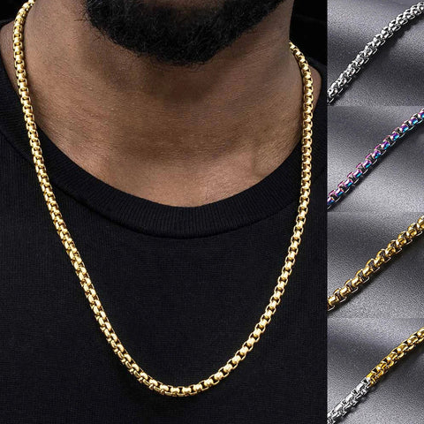 Stainless steel box chain on neck — hypoallergenic chain that won't turn skin green — DRIPLORE