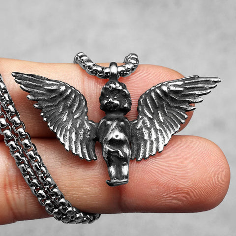 Stainless steel winged cherub angel pendant — the cherub trend piece
