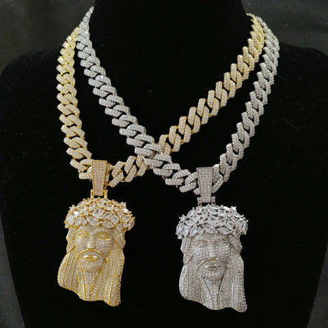 Iced-out Jesus piece pendants on Cuban chains — celebrity jeweler hip hop ice game style