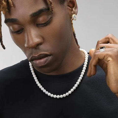 pearl necklaces for men shown as one clean white bead strand
