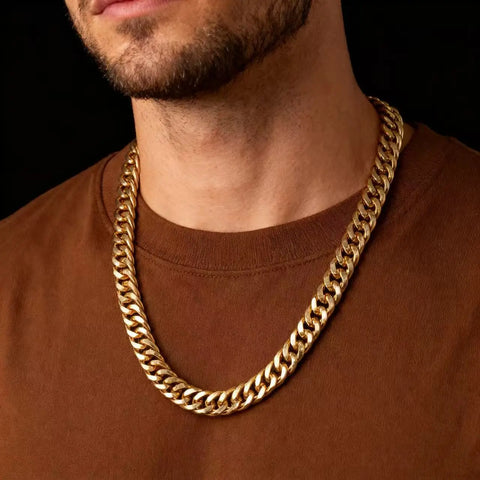 Cuban gold chain 10mm curb link necklace on man — classic Cuban link aesthetic