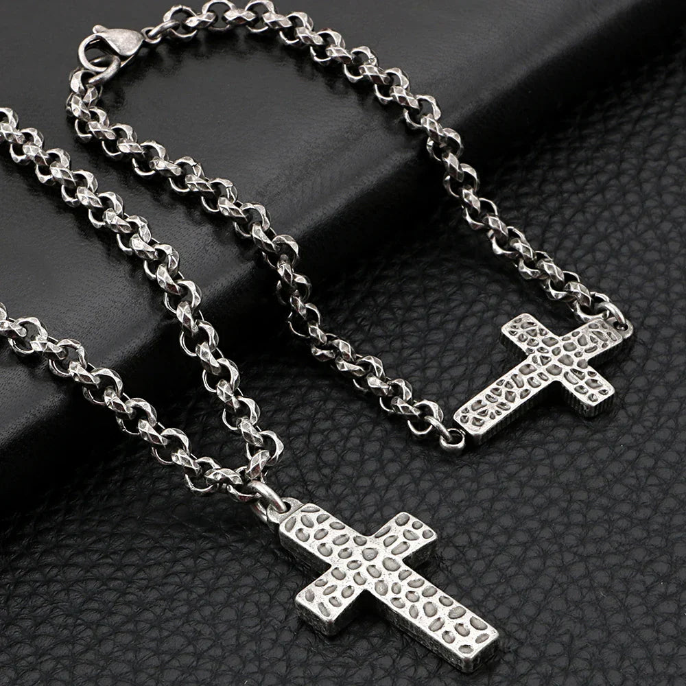 Matching cross chain and bracelet mens jewelry set in stainless steel