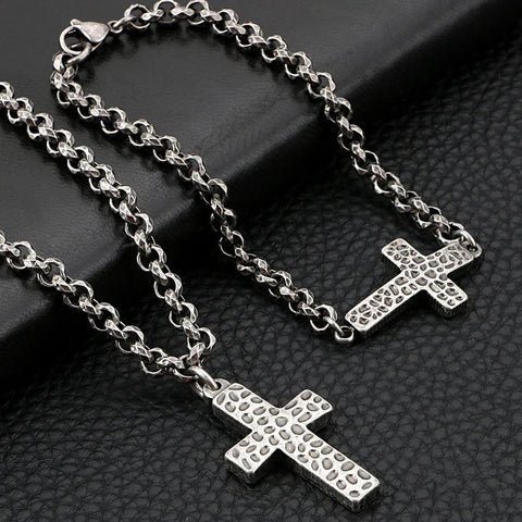 Matching cross chain and bracelet mens jewelry set in stainless steel