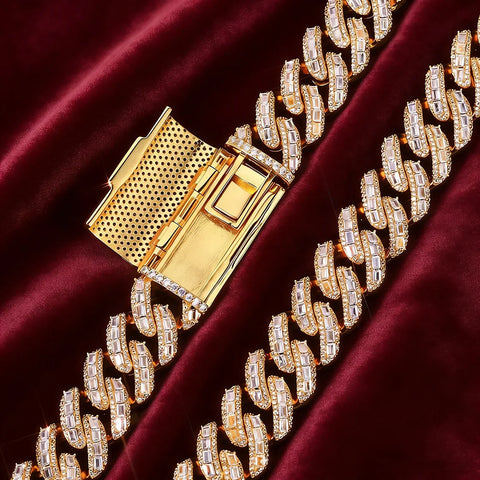 Iced-out gold CZ Cuban link chain close-up for a moissanite vs CZ comparison