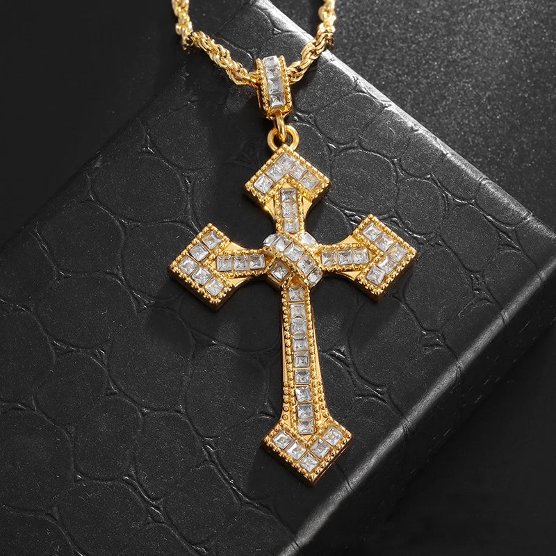 Gold iced-out cross pendant for men on a rope chain &mdash; DRIPLORE
