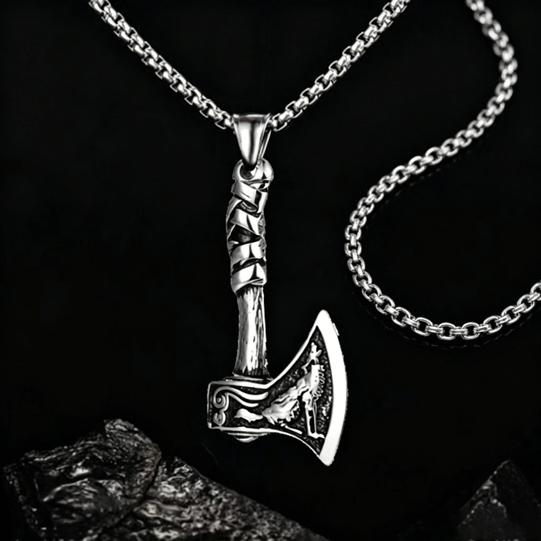wolf pendant meaning shown through a Viking axe necklace