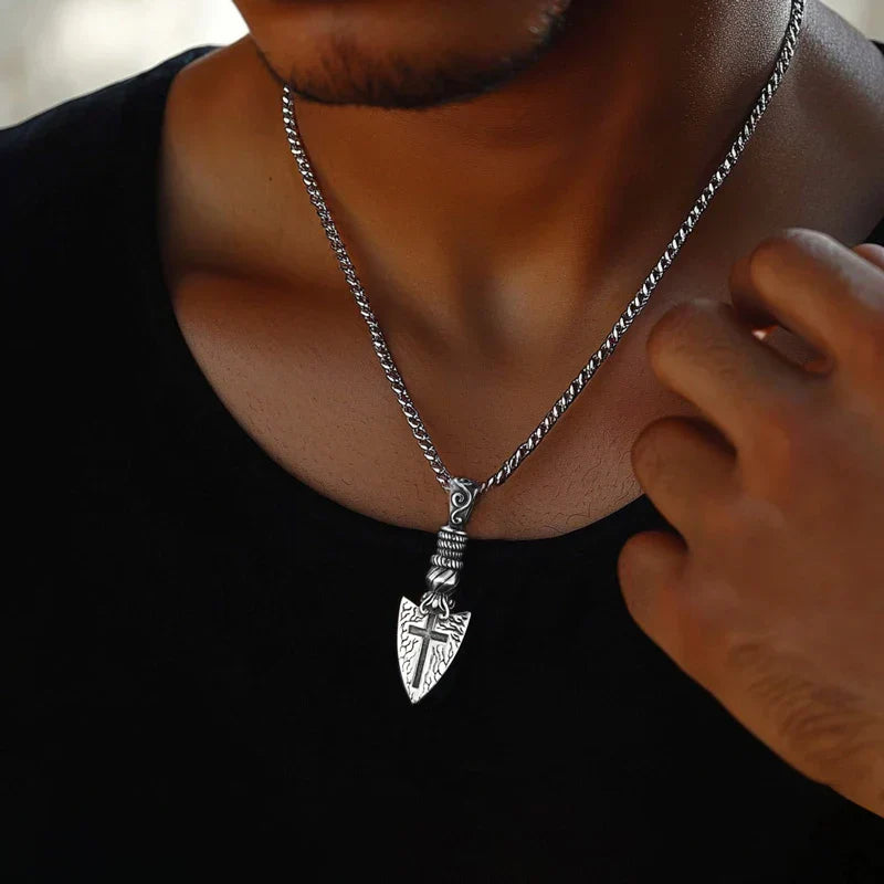Silver cross pendant on vintage box chain — drill jewelry essential piece