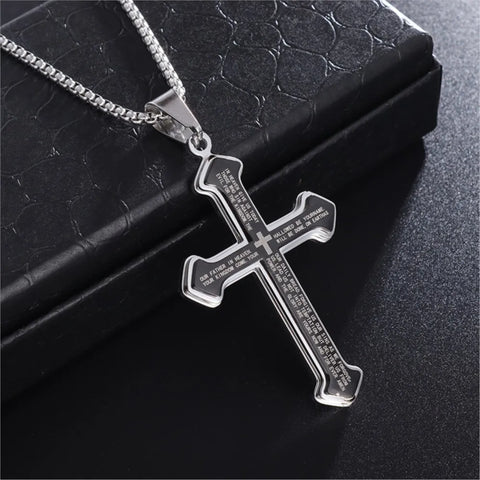 Silver cross pendant with engraved scripture on box chain — UK drill style heritage piece