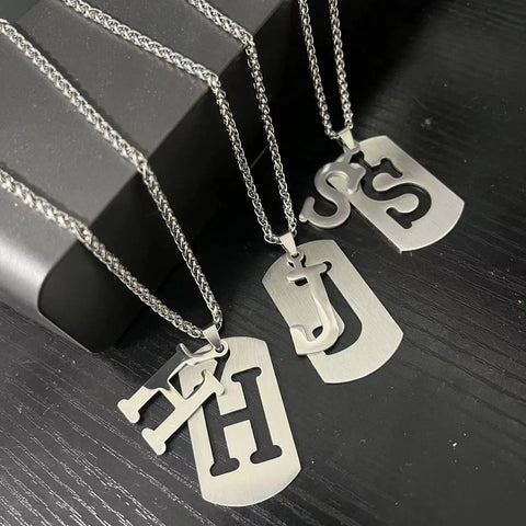 Stainless steel initial pendants for men — cut-out H, J and S letter tags on rope chains