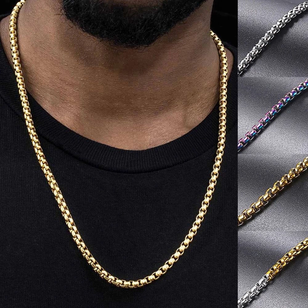 Stainless steel box chain on neck — hypoallergenic chain that won't turn skin green — DRIPLORE
