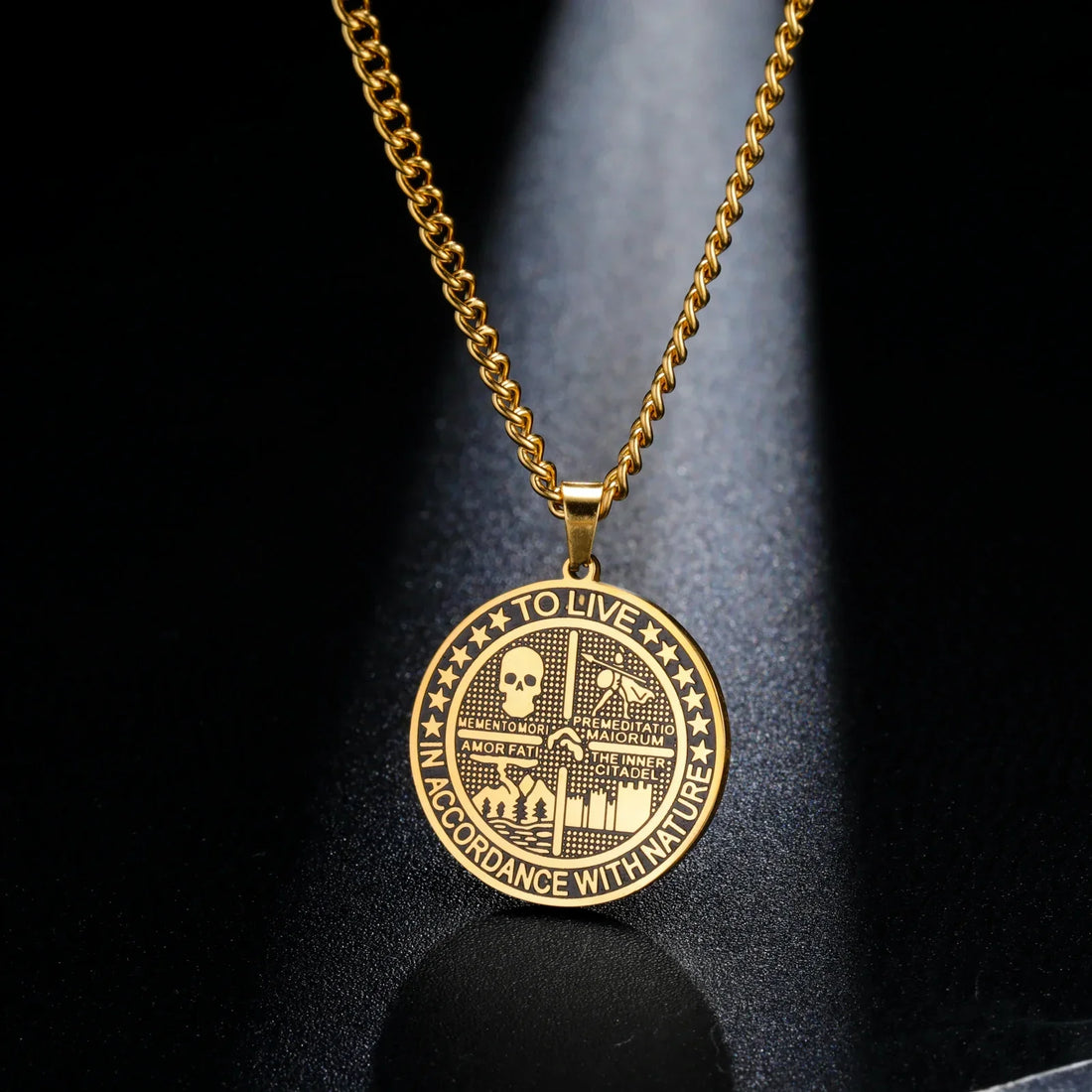 Best hip hop jewelry brands — DRIPLORE Memento Mori Stoic Medallion pendant