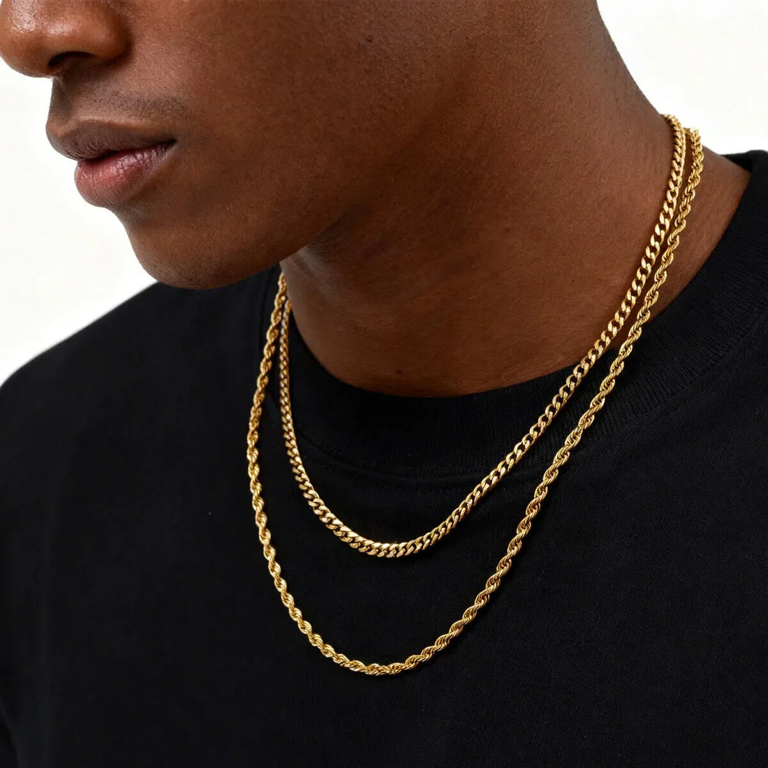 Cuban link and rope chain layered on man — winter cold weather drip layering