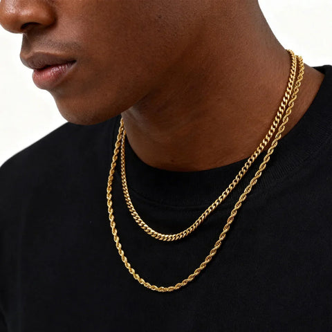 Cuban link and rope chain layered on man — winter cold weather drip layering