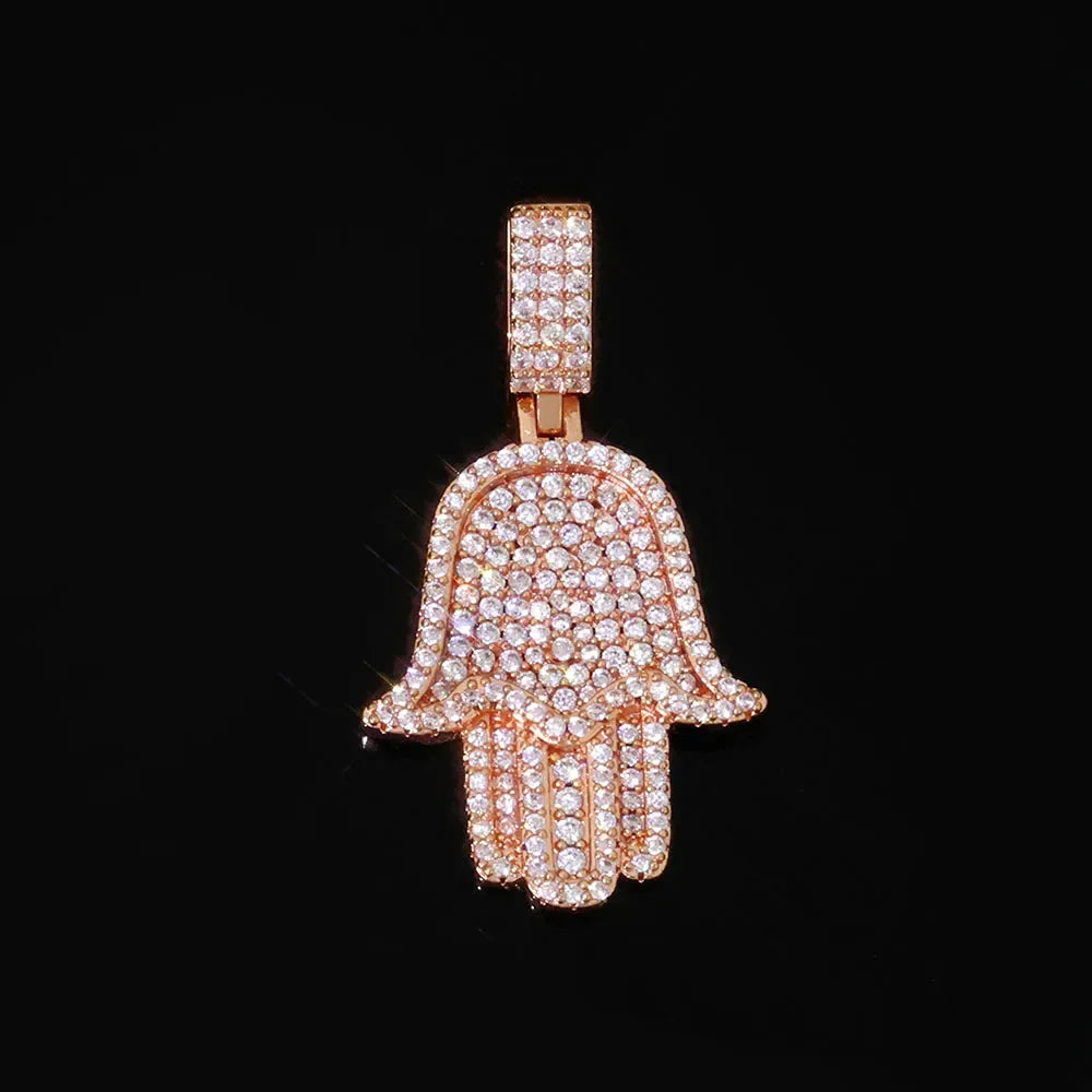 Iced rose gold Hamsa hand pendant fully paved with CZ — symbol of southern hip hop iced jewelry tradition