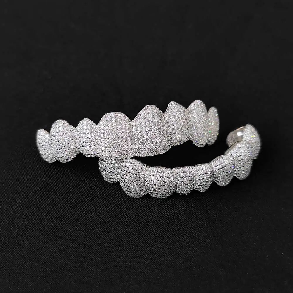 VVS moissanite full iced silver grills top and bottom set — fully paved diamond grillz hip hop signature mouth jewelry