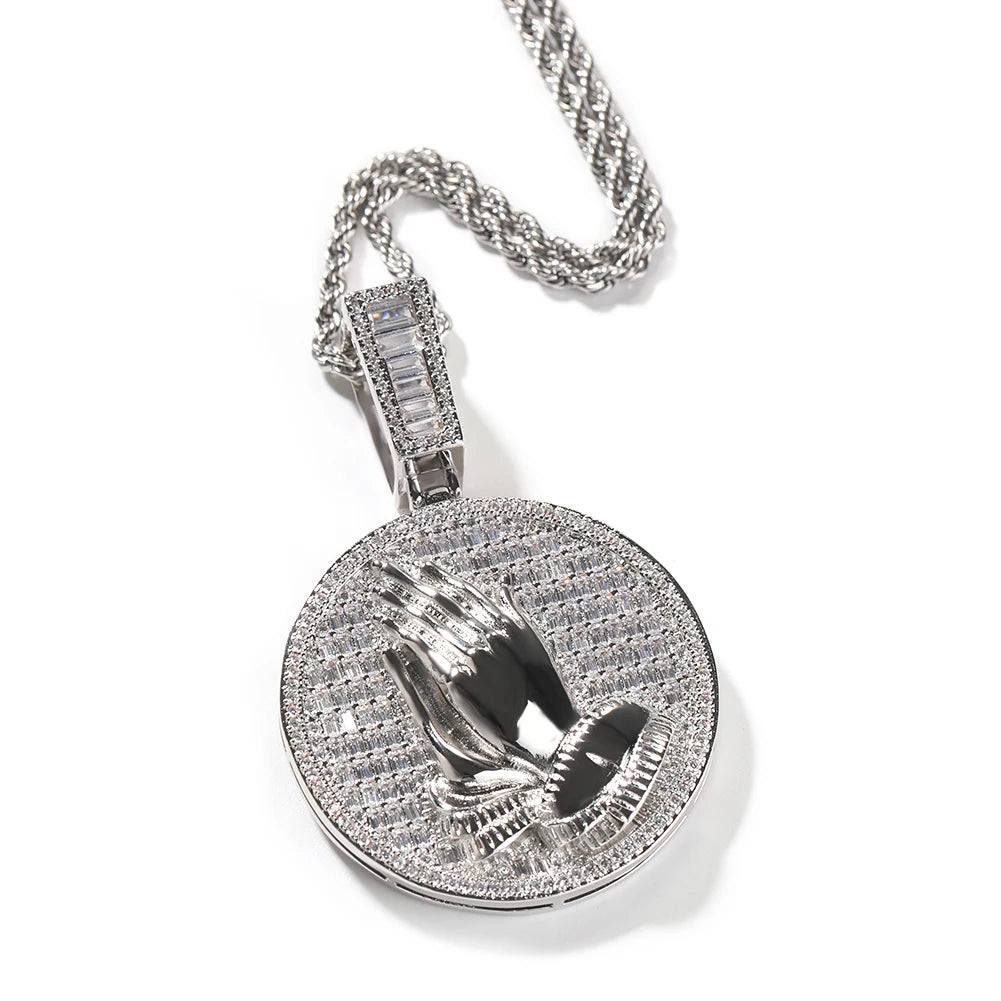 Iced Out Praying Hands Medallion Pendant