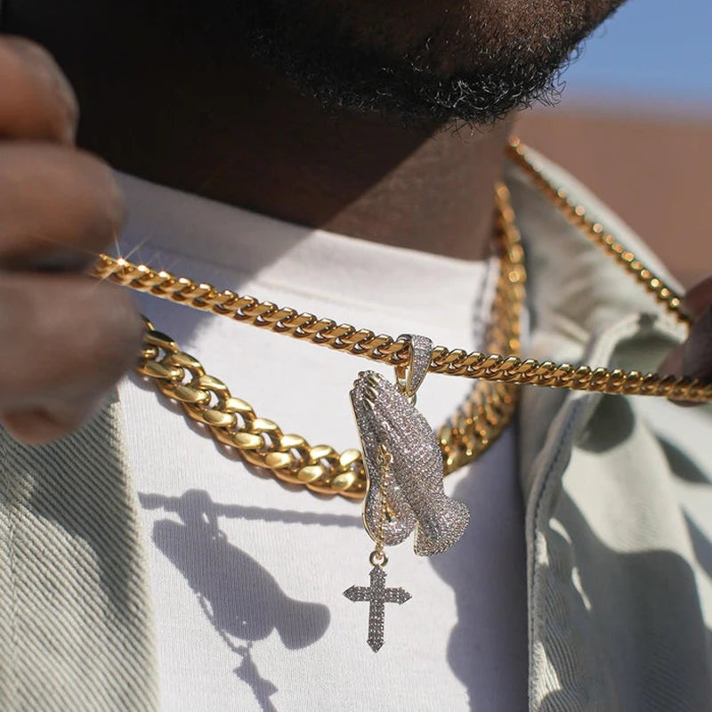 Iced Out Praying Hands Cross Pendant — Gold