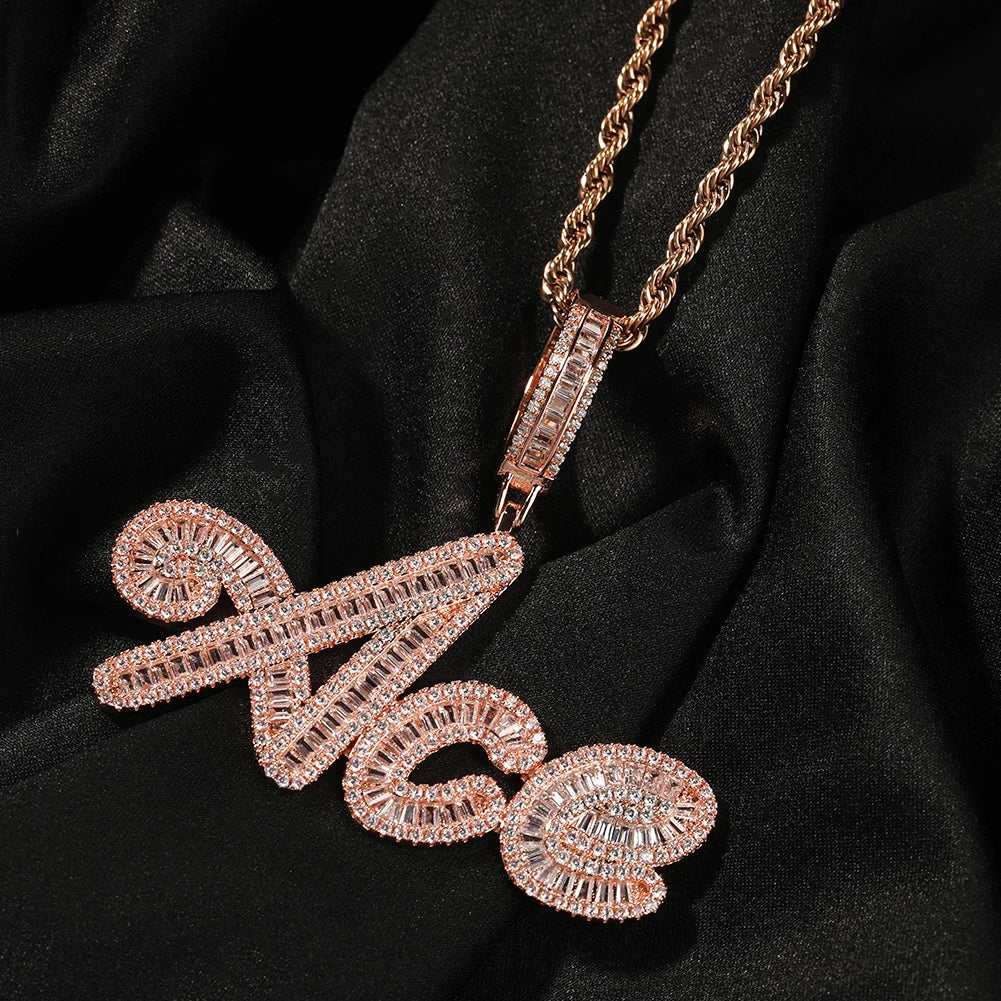 THE BLING KING Custom Brush Cursive Letter Name Pendant Necklace Iced Out Bageutte Cubic Zirconia Chain Necklace Hiphop
