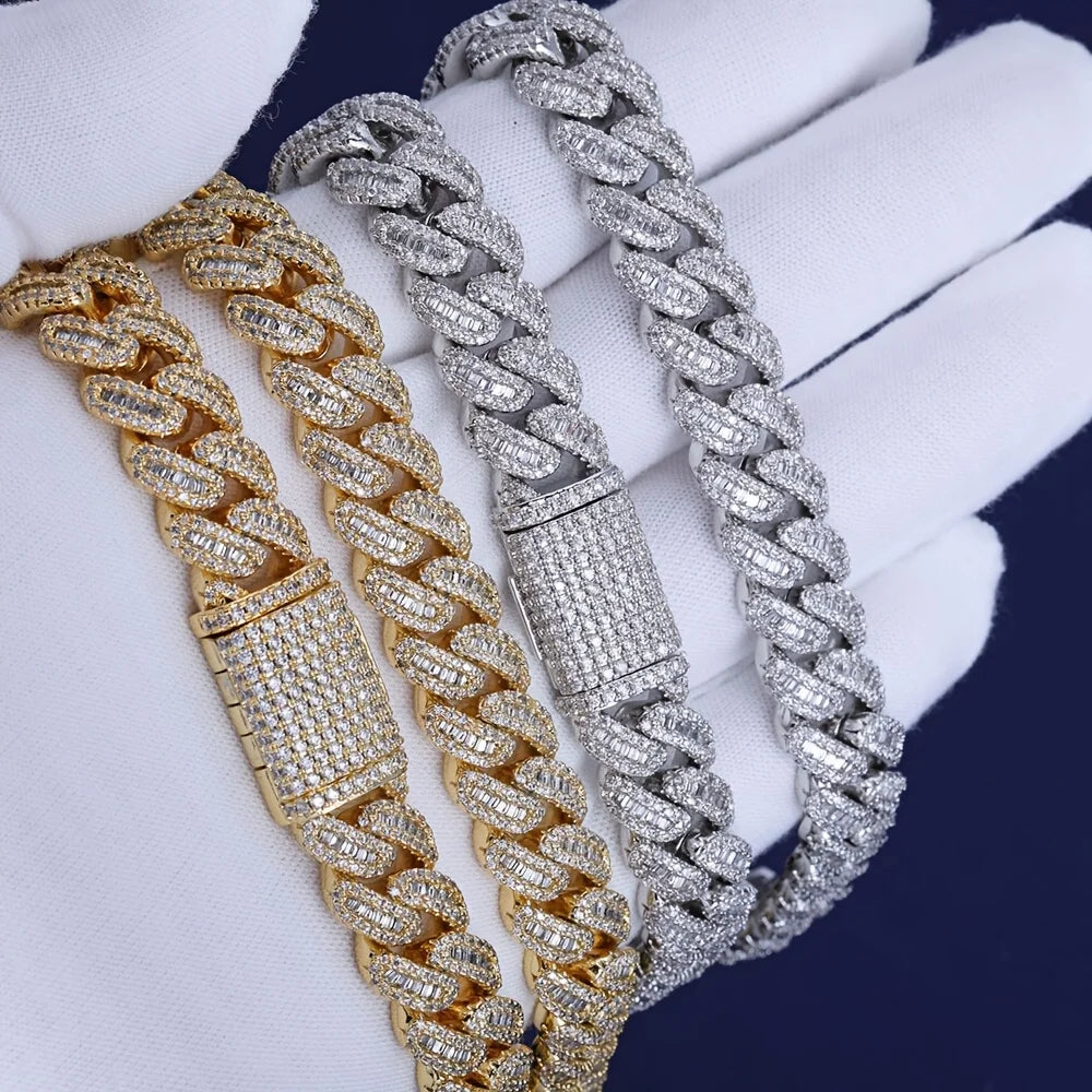 Men's 925 Sterling Silvery Cuban Chain Necklace - 12mm Thick Heavyweight Miami Chain with Moissanite Stones, Perfect for Hip-Hop