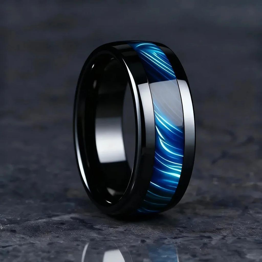 Blue Abalone Shell Inlay Rings for Men, Fashion 8mm Black Brushed Men Stainless Steel Rings, Wedding Band Jewelry Gift