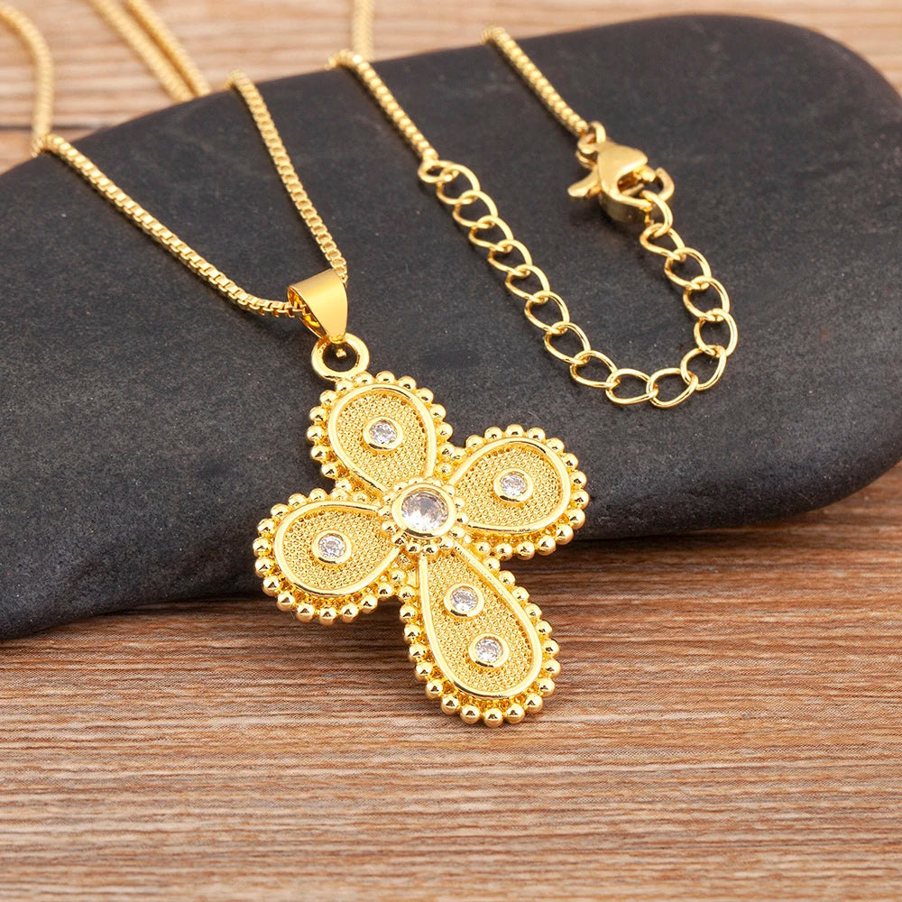 Nidin New Popular Irregular Geometric Cross Shape Inlaid Zircon Charm Pendant Necklace 2 Styles For Women Girl Jewelry Fine Gift