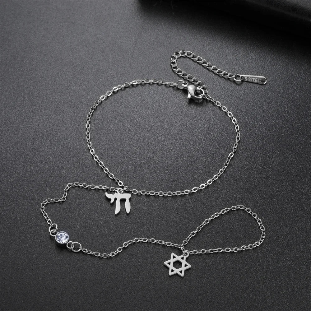 Chai Hexagram Charms Bracelet Finger Ring Fatima Hamasa Hand Pendants Stainless Steel Adjustable Chain Lucky Jewelry Amulet Gift