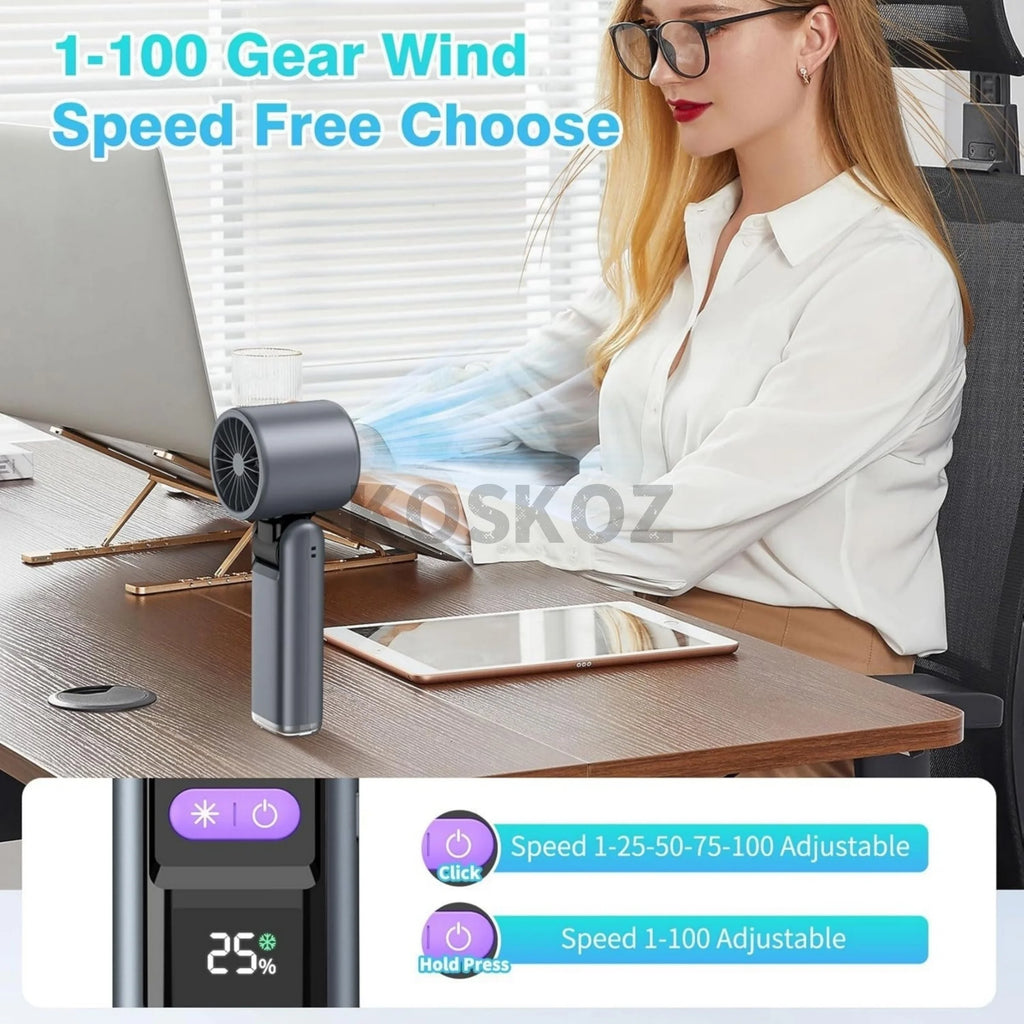 Portable Handheld Turbo Fan - 5 Gear High Speed 4000mAh Rechargeable Mini Personal Hand Fan with Flashlight and