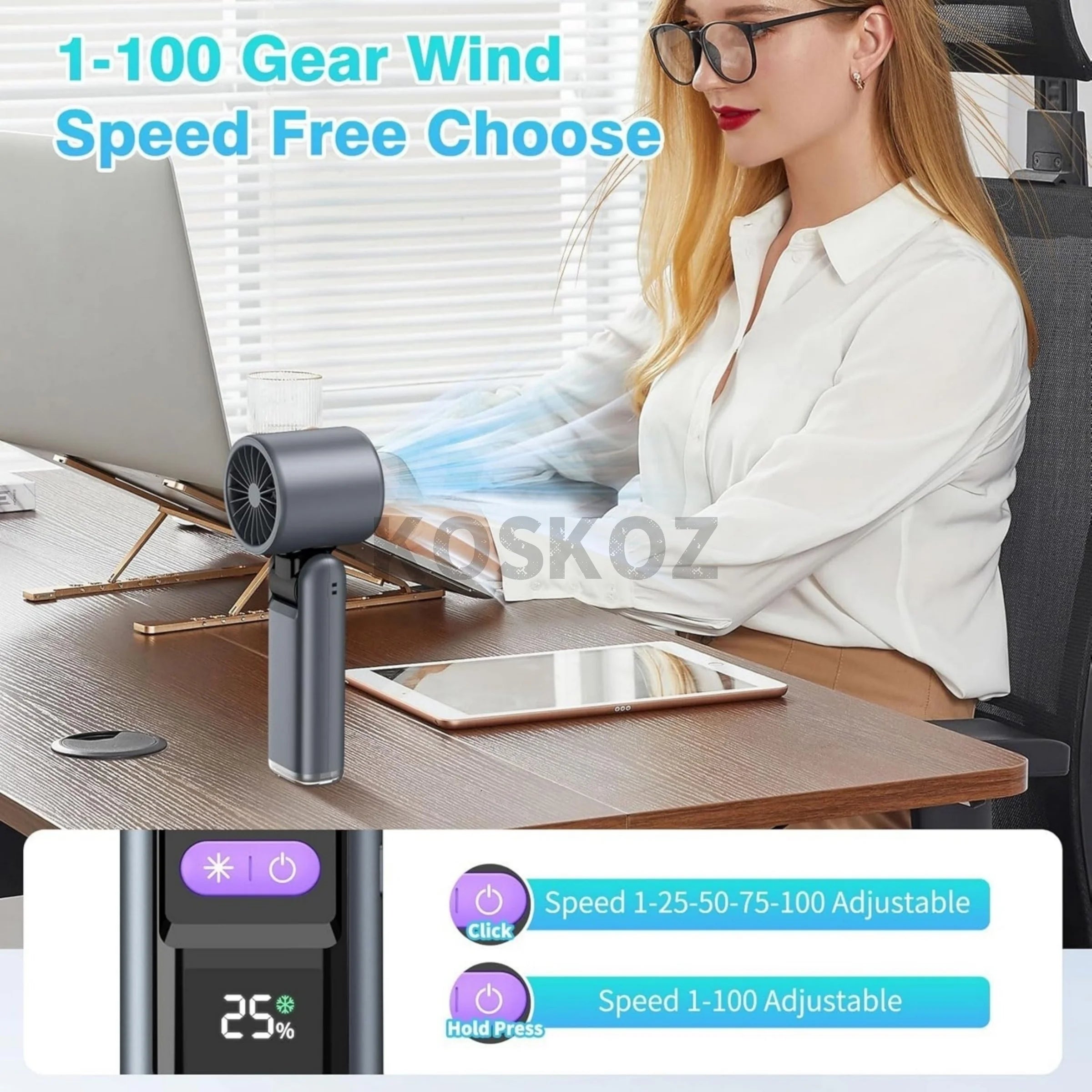 Portable Handheld Turbo Fan - 5 Gear High Speed 4000mAh Rechargeable Mini Personal Hand Fan with Flashlight and
