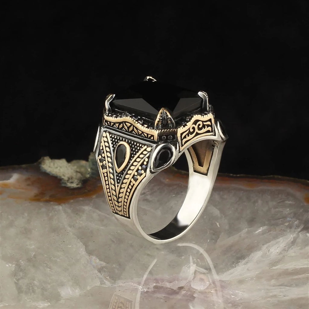 Turkish Eagle Signet Ring, Black Zircon — Zinc Alloy