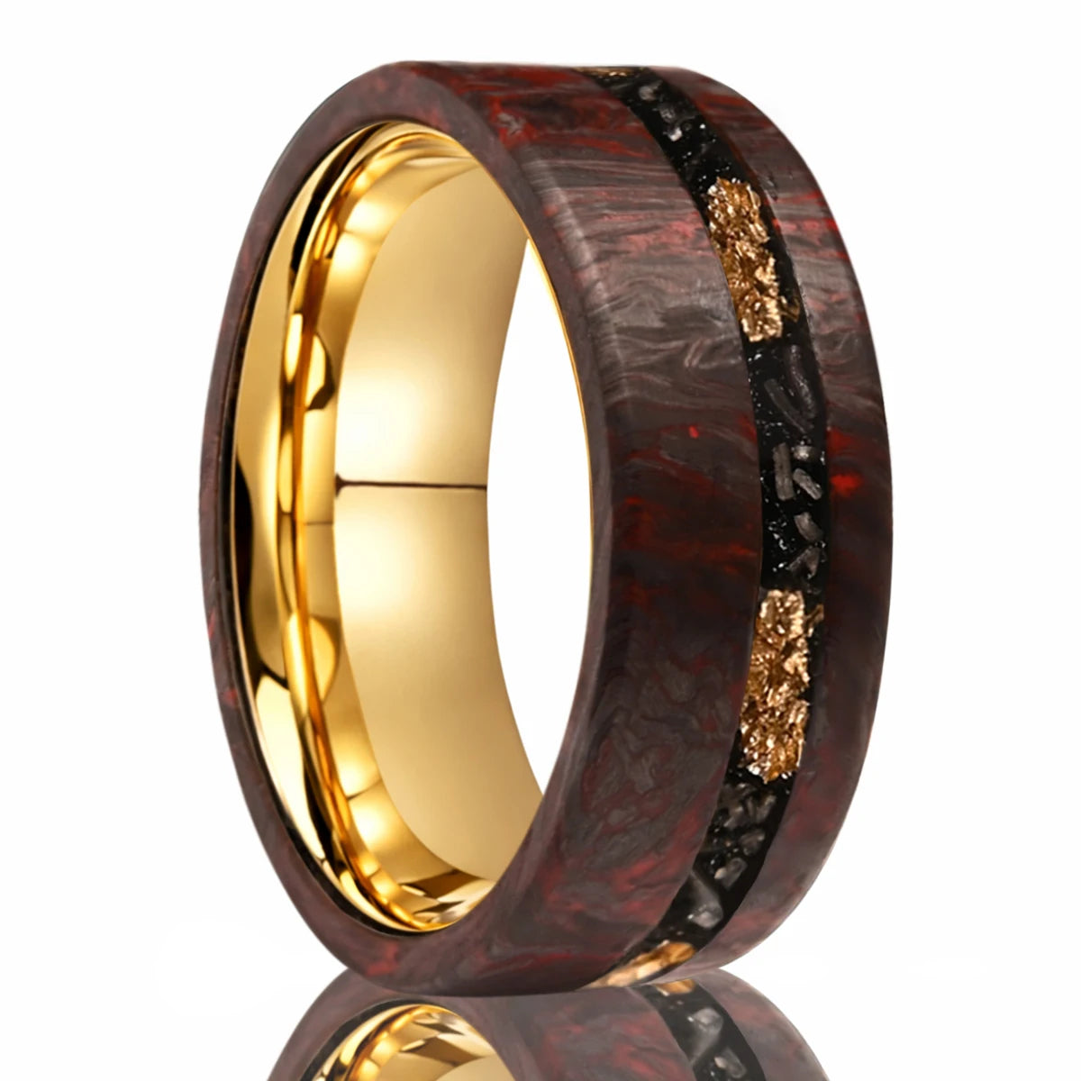 8MM Golden/Red Men's Tungsten Carbide Wedding Bands Fashion Carbon Fiber Ring Luxury Jewelry Inlaid Gold Leaf Meteorite Comfort