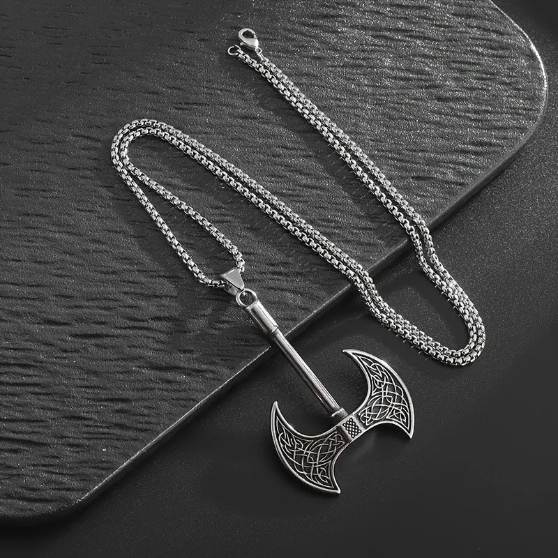 Men's Viking Axe Pendant Necklace Silver Tone Alloy Celtic Pattern Link Chain Retro Nordic Style Fashion Jewelry Accessory