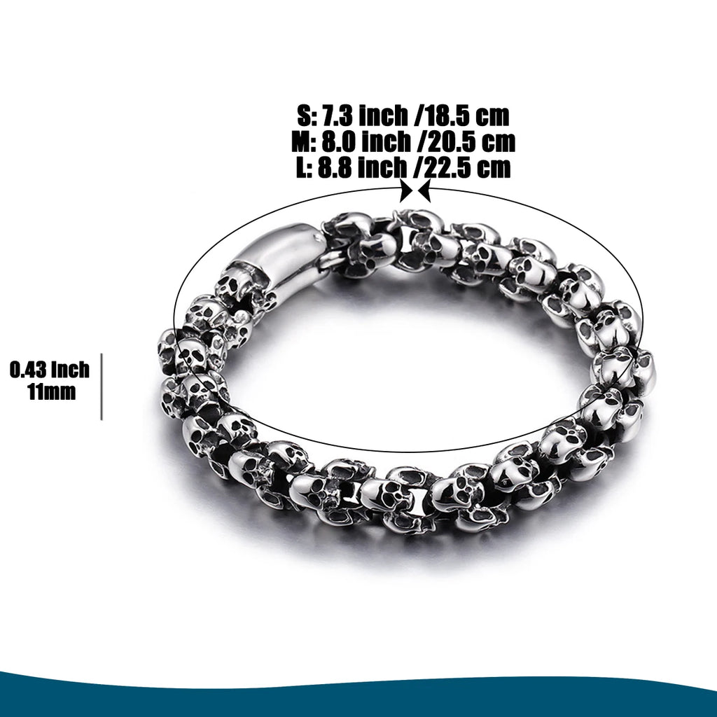 Gothic Skull Bracelet for Men — Stainless Steel, 7.3-9.6 in