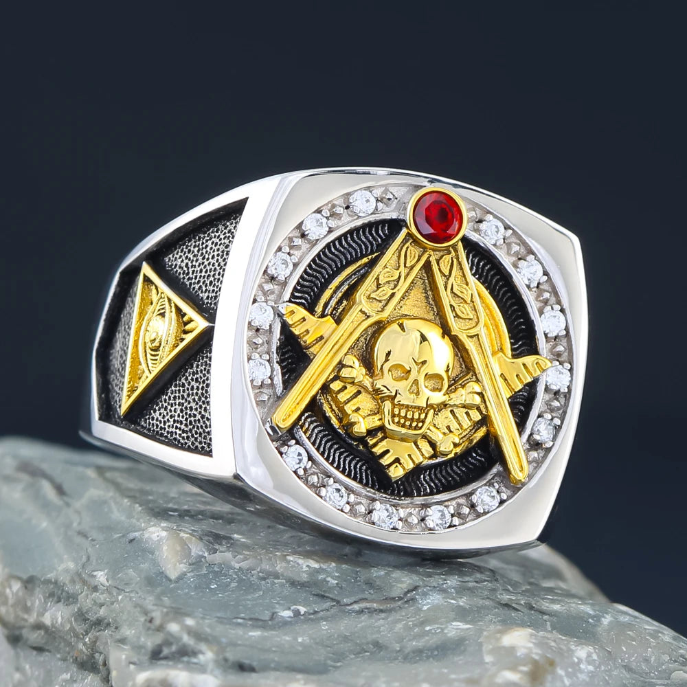 Masonic Skull And Bones Biker Freemason Sun Moon Illuminati Sterling Silver Ring