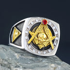 Masonic Skull And Bones Biker Freemason Sun Moon Illuminati Sterling Silver Ring