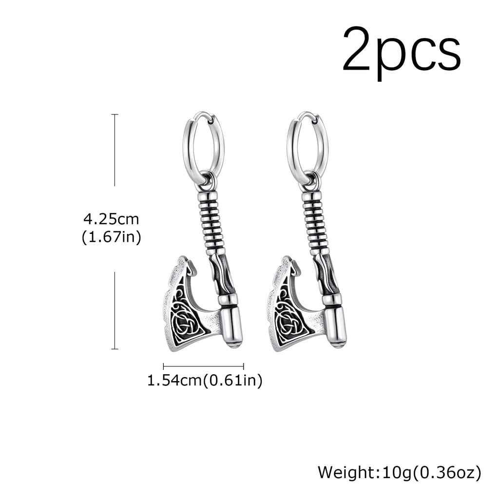 Hip Hop Punk Viking Axe Dangle Earrings for Men, Fashion Celtic Knot Rune Amulet Earrings, Stainless Steel Punk Jewelry