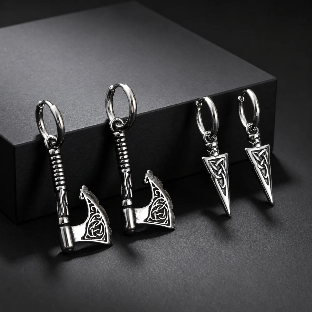 Hip Hop Punk Viking Axe Dangle Earrings for Men, Fashion Celtic Knot Rune Amulet Earrings, Stainless Steel Punk Jewelry