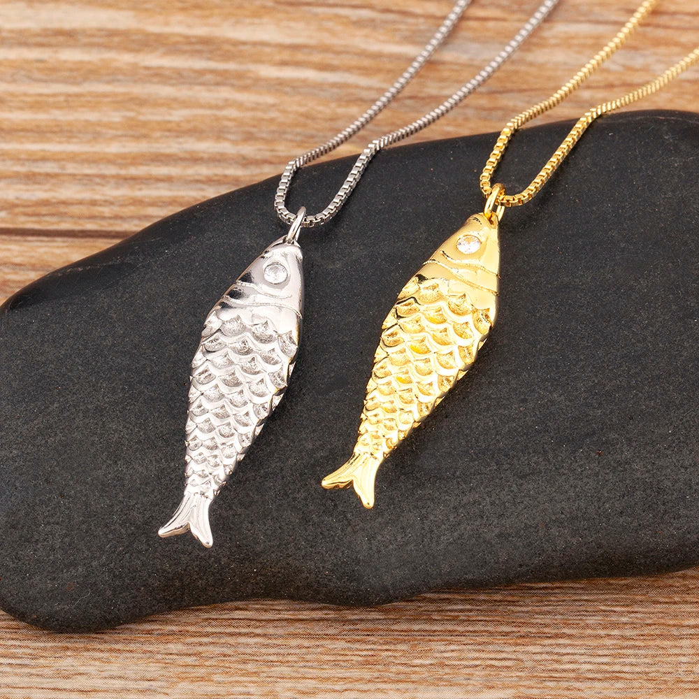 Nidin New Popular Fish Shape Shiny Zircon Charm Pendant Necklace For Women Men Fashion Cute Chain Link Jewelry Daily