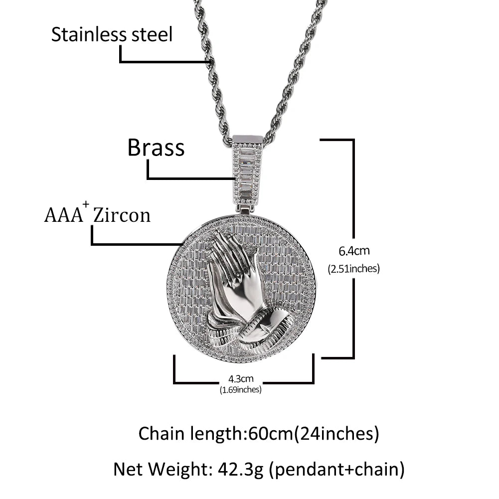 Iced Out Praying Hands Medallion Pendant