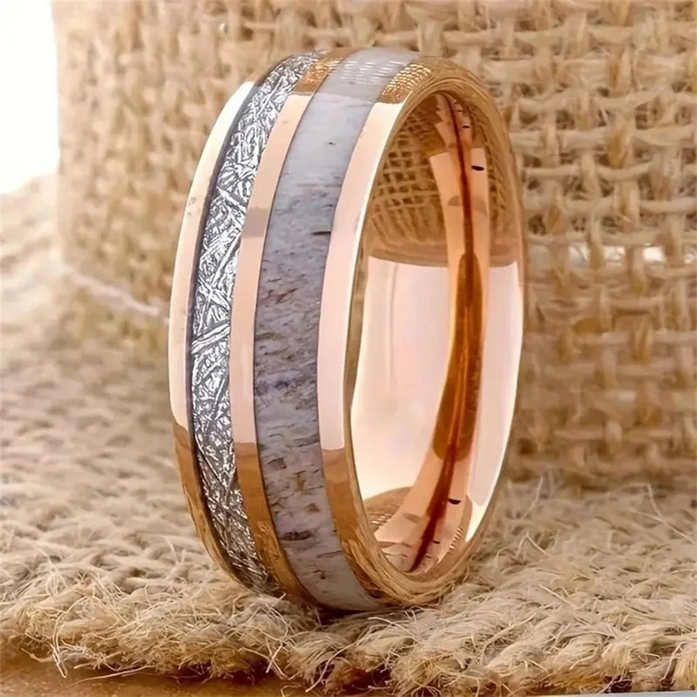 Fashion 8mm Men Stainless Steel Rings Inlay Meteorite Abalone Shell Rings For Men Women Wedding Engagement Band Jewelry
