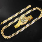Gold Color Cuban Chain Watch for Men,Hip Hop Miami Curb,Iced Out Paved Rhinestones,Bling Rapper Necklace