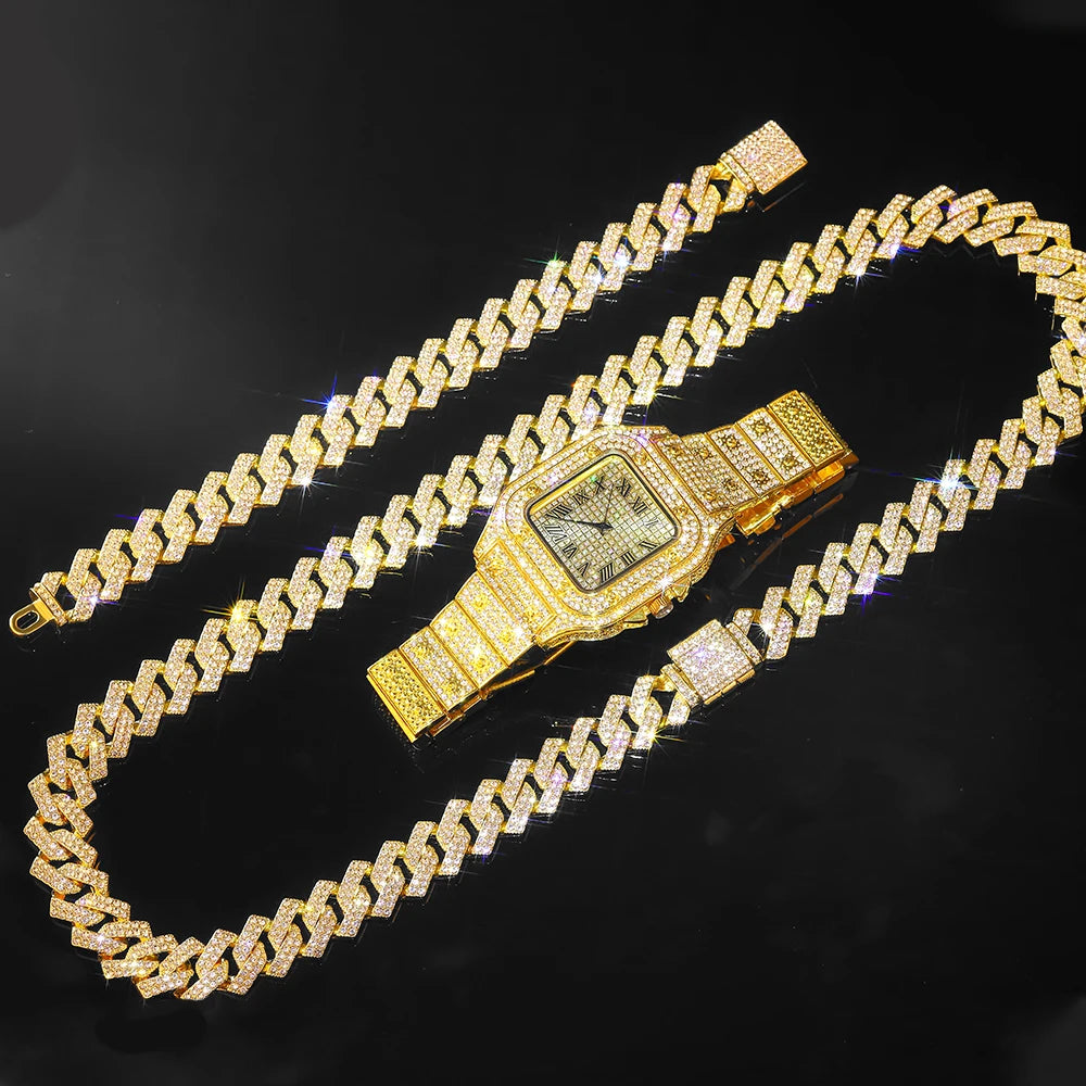 Gold Color Cuban Chain Watch for Men,Hip Hop Miami Curb,Iced Out Paved Rhinestones,Bling Rapper Necklace