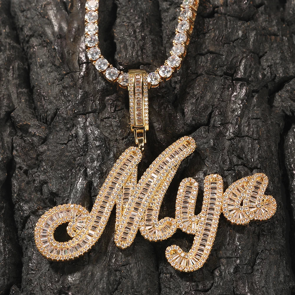 THE BLING KING Custom Brush Cursive Letter Name Pendant Necklace Iced Out Bageutte Cubic Zirconia Chain Necklace Hiphop