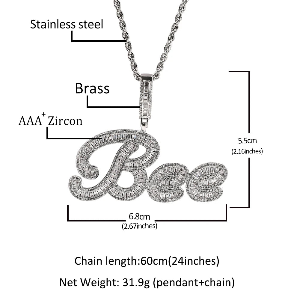 THE BLING KING Custom Brush Cursive Letter Name Pendant Necklace Iced Out Bageutte Cubic Zirconia Chain Necklace Hiphop