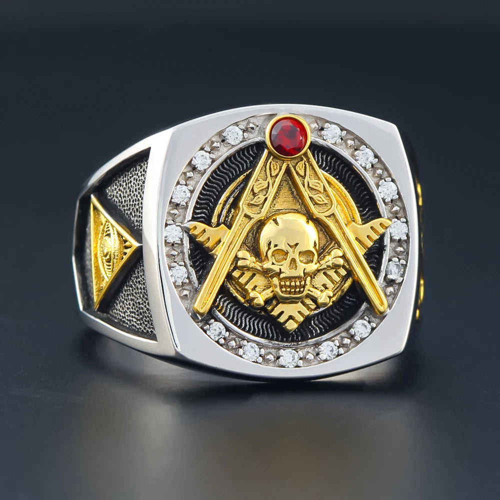 Masonic Skull And Bones Biker Freemason Sun Moon Illuminati Sterling Silver Ring