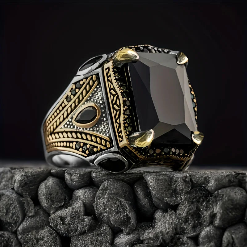Turkish Eagle Signet Ring, Black Zircon — Zinc Alloy