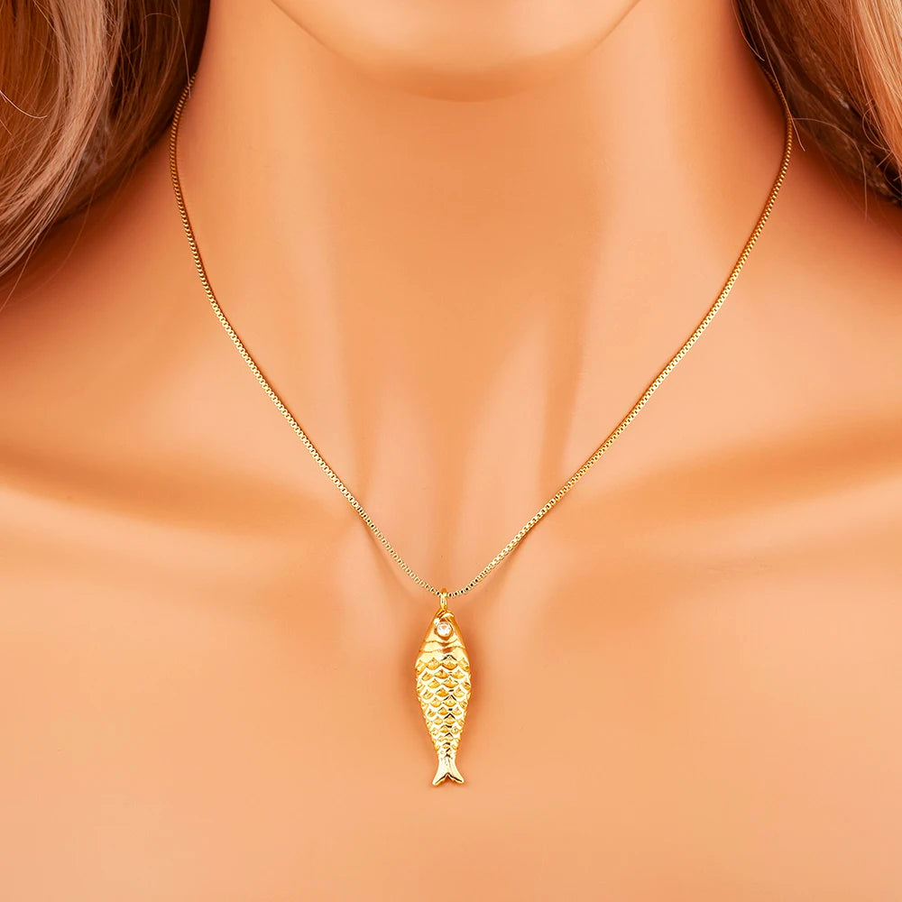 Nidin New Popular Fish Shape Shiny Zircon Charm Pendant Necklace For Women Men Fashion Cute Chain Link Jewelry Daily