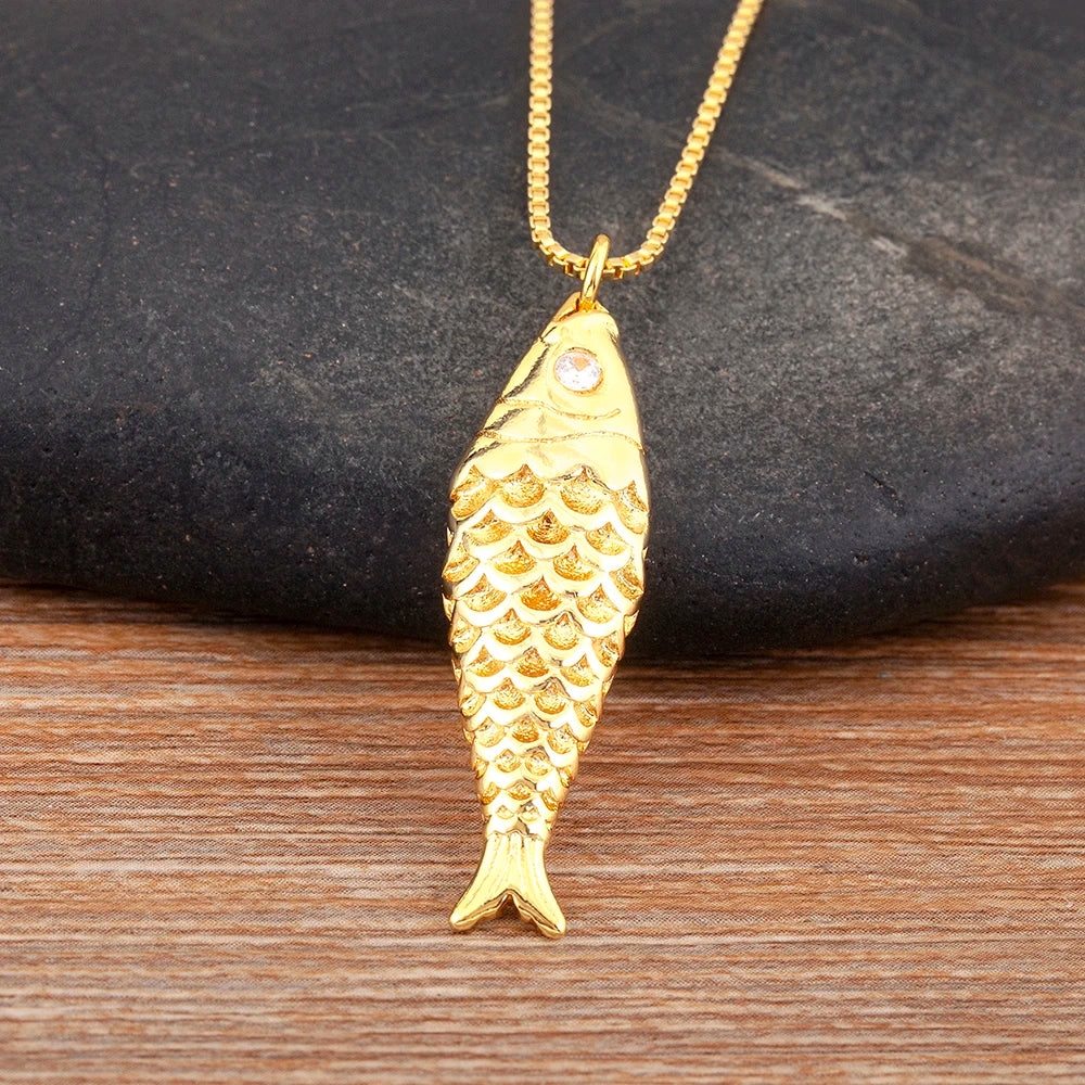 Nidin New Popular Fish Shape Shiny Zircon Charm Pendant Necklace For Women Men Fashion Cute Chain Link Jewelry Daily