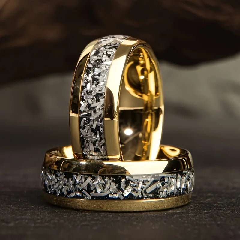 Fashion 8mm Men Stainless Steel Rings Inlay Meteorite Abalone Shell Rings For Men Women Wedding Engagement Band Jewelry